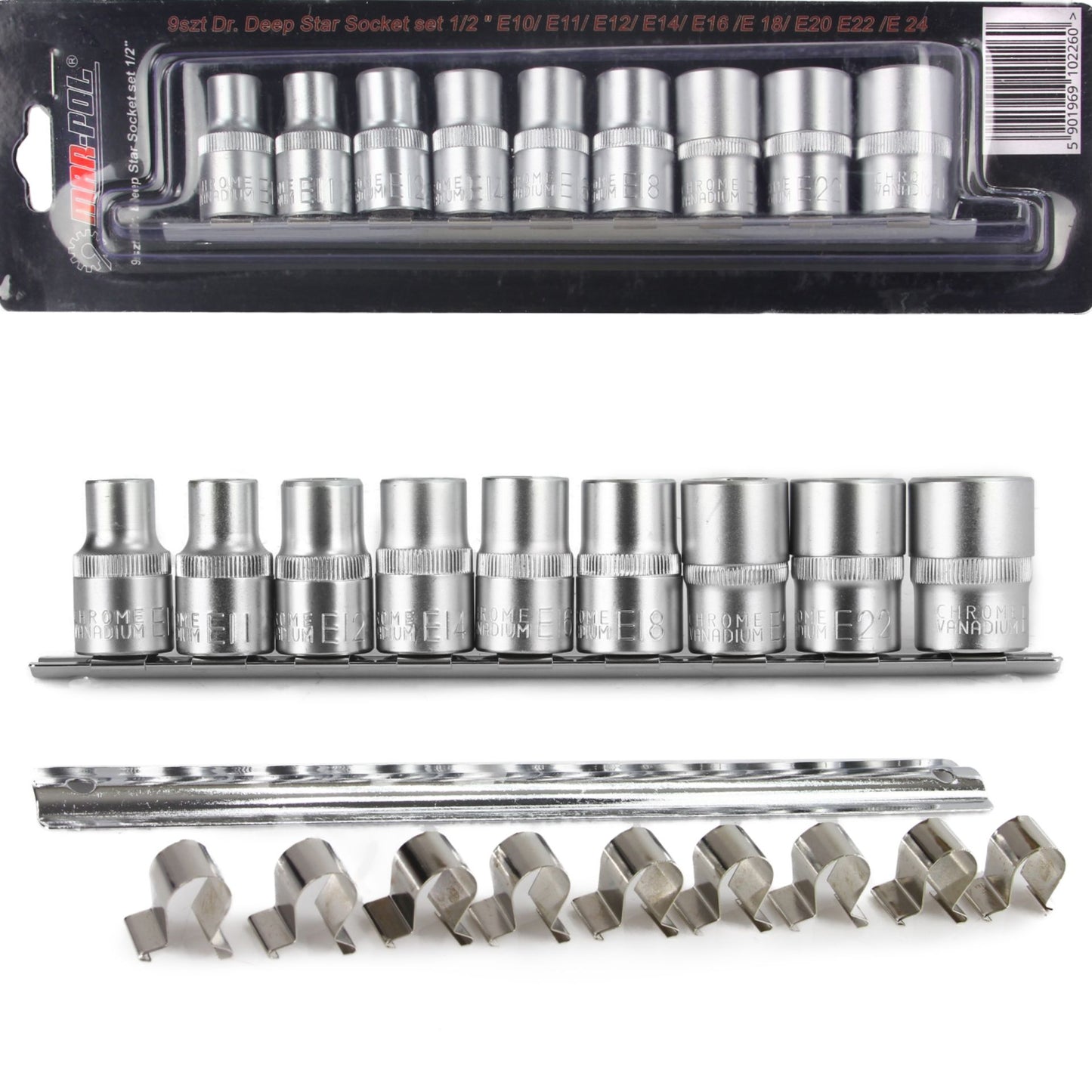 Set chei tubulare Profil E, E10-E24 - 1/2" - 9 piese